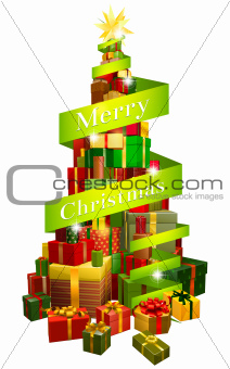 Gifts tree with Merry Christmas ribbon