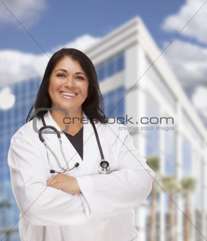 Attractive Hispanic Doctor or Nurse in Front of Corporate Building.