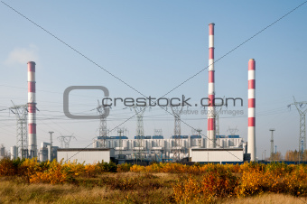 Power plant pylons and transmission power lines