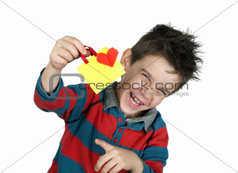 Boy who laughs and holds Shopping bag with heart. 