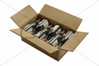 Wine bottles in cardboard box, isolated