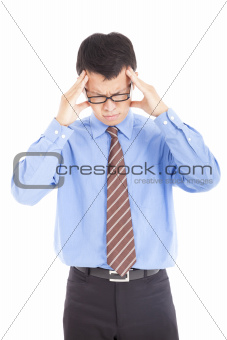 businessman having headache and isolated on white