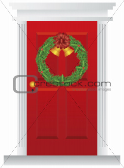 Christmas Wreath Hanging on Red Door Illustration