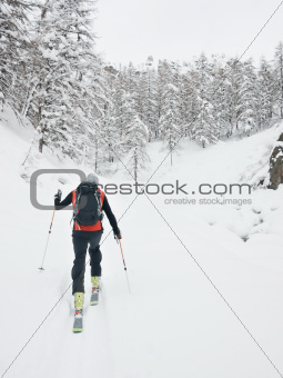 Backcountry skier walks in a snowy mountain valley.