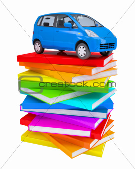 Blue family car on a stack of colorful books