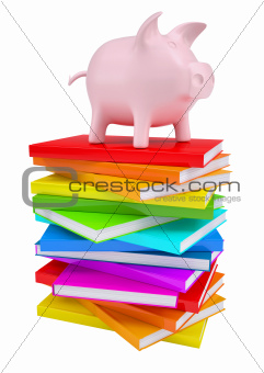 Pink piggy bank on a stack of colorful books