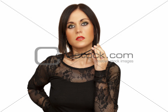 Woman with glasses in hand on a white background