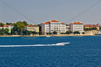 Zadar peninsula waterfront with powerboat