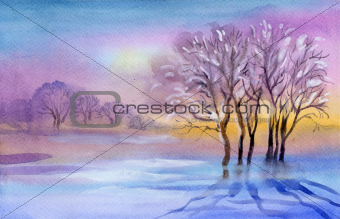 Watercolor Landscape Collection: Winter landscape