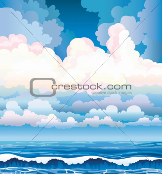 Sea with waves and cloudy sky