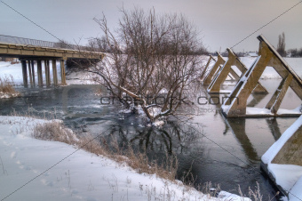 old abandoned bridge, winter scenery