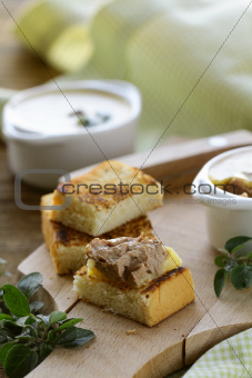 Homemade chicken liver pate and  piece of bread