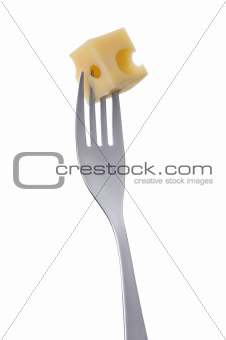cheese cube on a fork against white