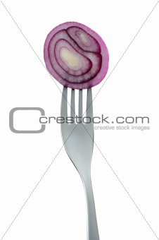 red onion rings on a fork against white background