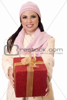 Female holding wrapped present.