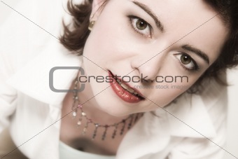beautiful middle aged woman with red lips