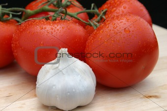 Dewy Tomatoes & Garlic on Black