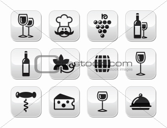 Wine buttons set - glass, bottle, restaurant, food