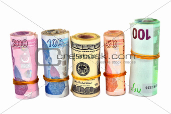 various Turkish Lira and dollar white background
