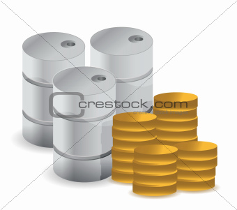 Gasoline fuel with coins over white background
