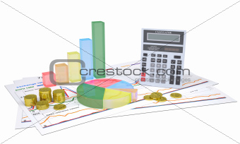 Economic charts, gold coins and a calculator