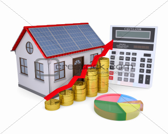 House with solar panels, calculator, schedule, and coins