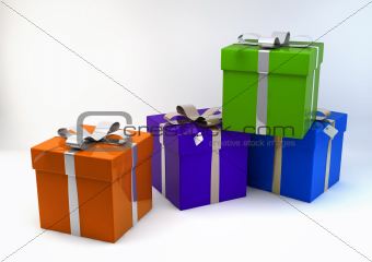 Gift Boxes in various colors 3d Illustration, isolated on white 