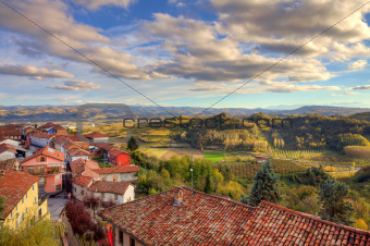 Small town among hills. Piedmont, Italy.