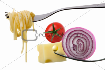 italian food ingredients on forks against white