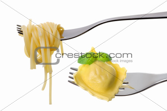 spaghetti and ravioli on forks white background