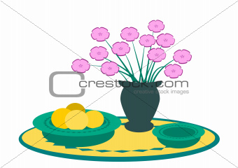 Vase of Flowers and Fruit.