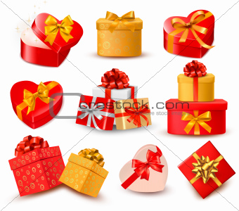 Valentine background with two red hearts and gift bow and ribbons. Vector illustration. 