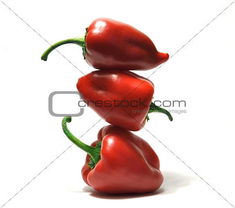 Three fresh red bulgarian peppers standing like a pyramid