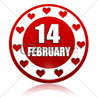 February 14 red circle banner with hearts symbols