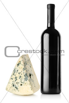 Bottle of red wine and blue cheese