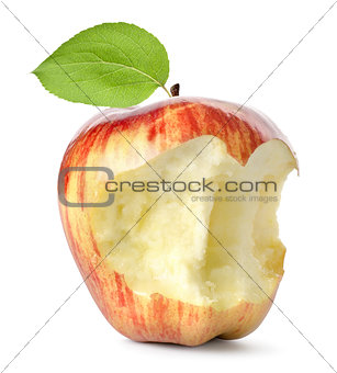 Eaten red apple and leaf isolated 