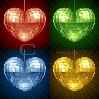 Disco Heart set. Vector mirror disco ball in the shape of heart