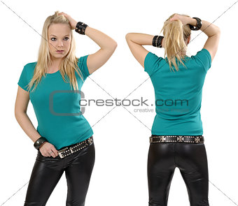 Blond woman posing with blank jade shirt