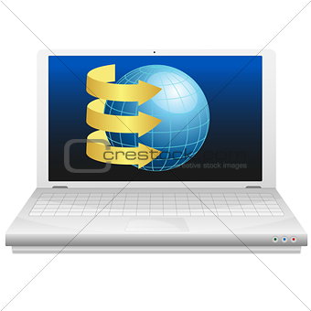 Laptop with blue globe and gold arrows