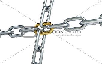 Chrome chain with a gold link on white background