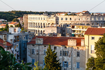 Aerial View on Ancient Roman Amphitheater and City of Pula, Croa