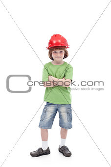 Proud child with his father hard hat