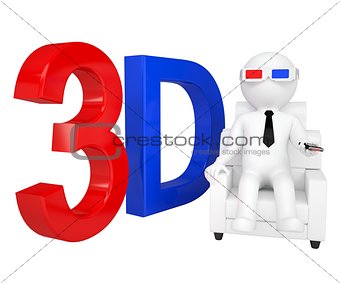 3d man in stereo glasses on a chair