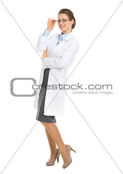 Full length portrait of happy ophthalmologist doctor with glasse