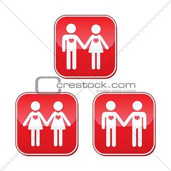 Hetero, gay, and lesbian love couples buttons set