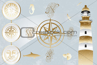 Antique nautical design elements and lighthouse