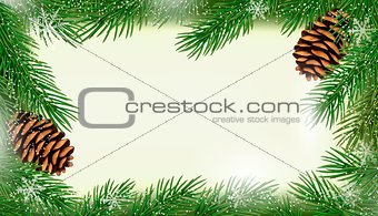 Frame made of christmas tree branches with pine cones. Vector.