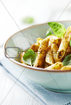 Bowl of Penne Pasta with Basil Pesto