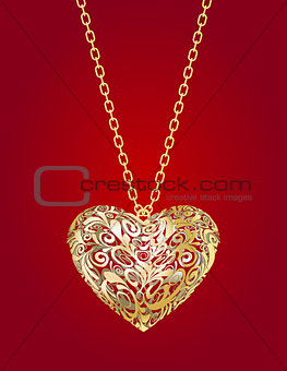 Necklace with golden heart  on a red background