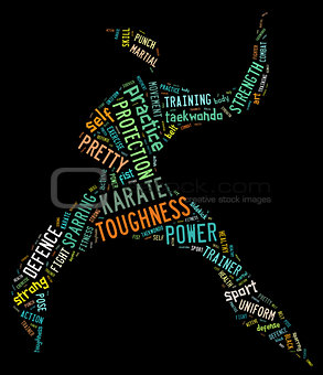 Karate pictogram with colorful words on black background
